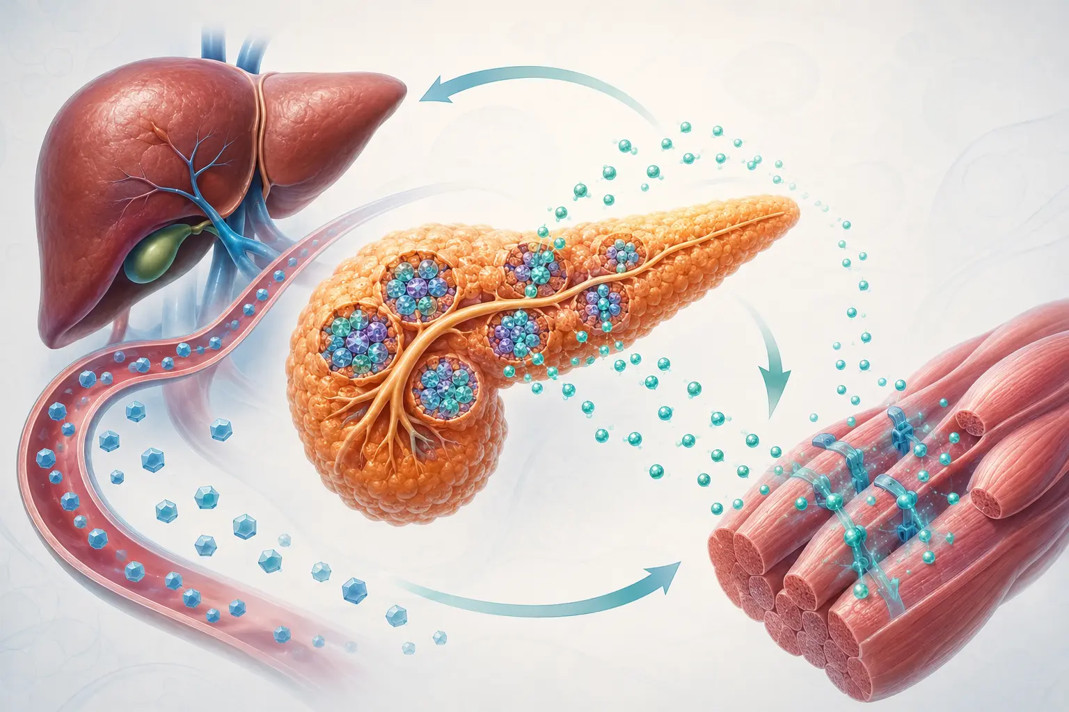 Ilustração do equilíbrio entre glicose, secreção pancreática de insulina e resposta do fígado e do músculo