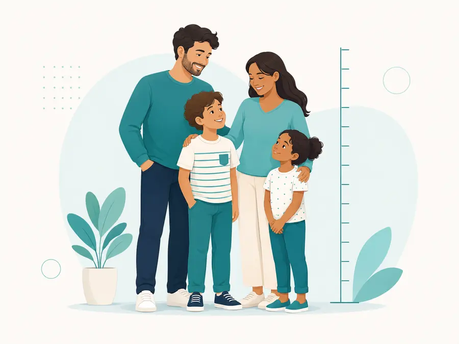 Ilustração de uma família ao lado de uma régua de crescimento
