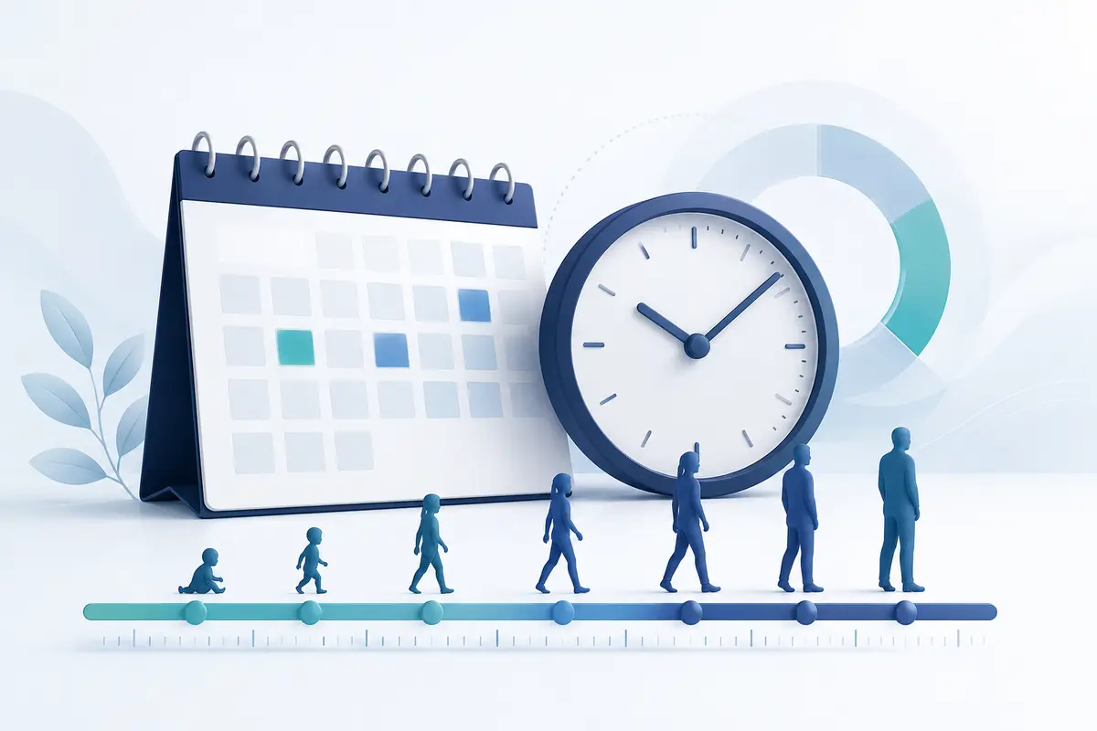 Ilustração de calendário, relógio e linha do tempo das fases da vida