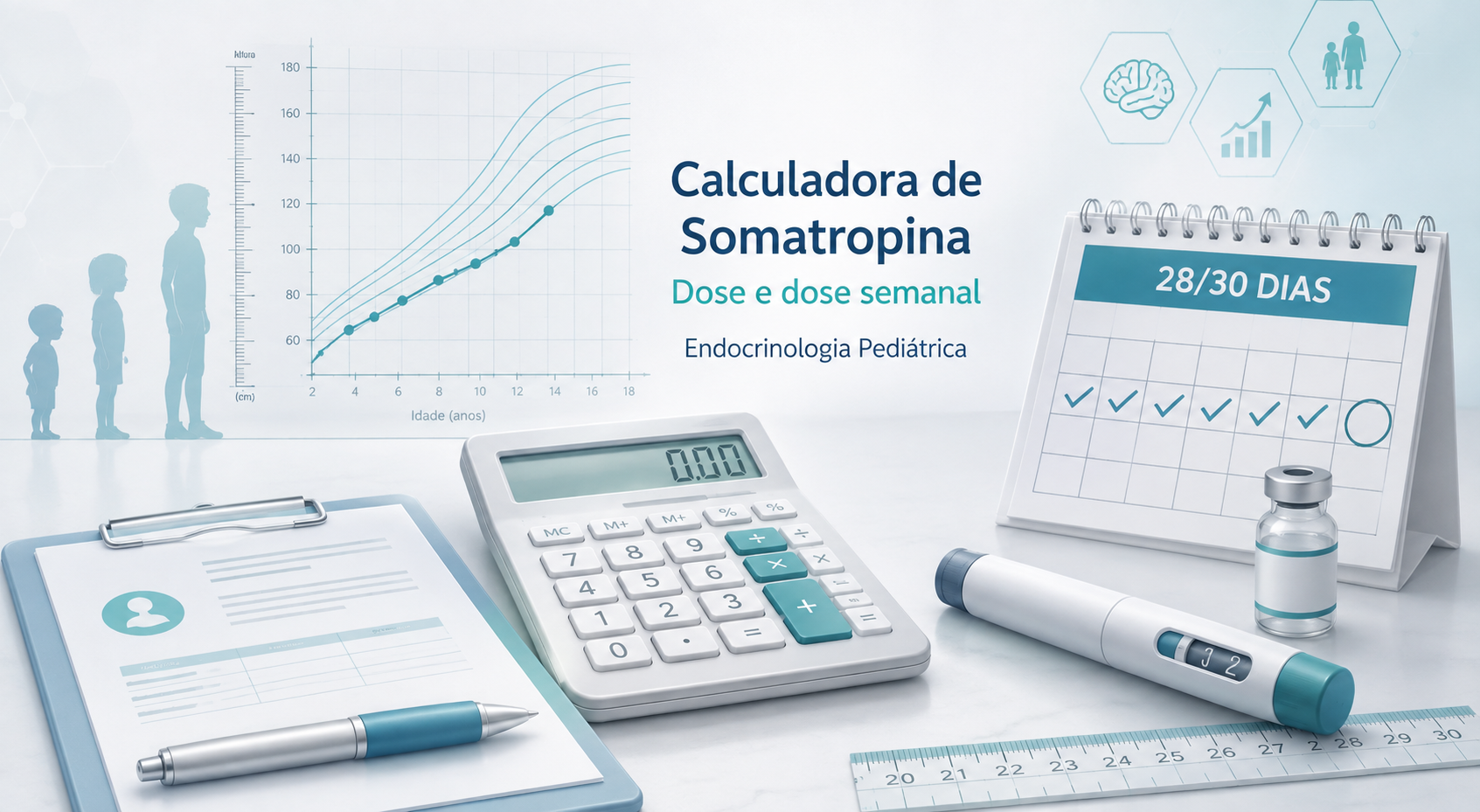 Ilustração de cálculo de dose de somatropina com curva de crescimento, calculadora e calendário