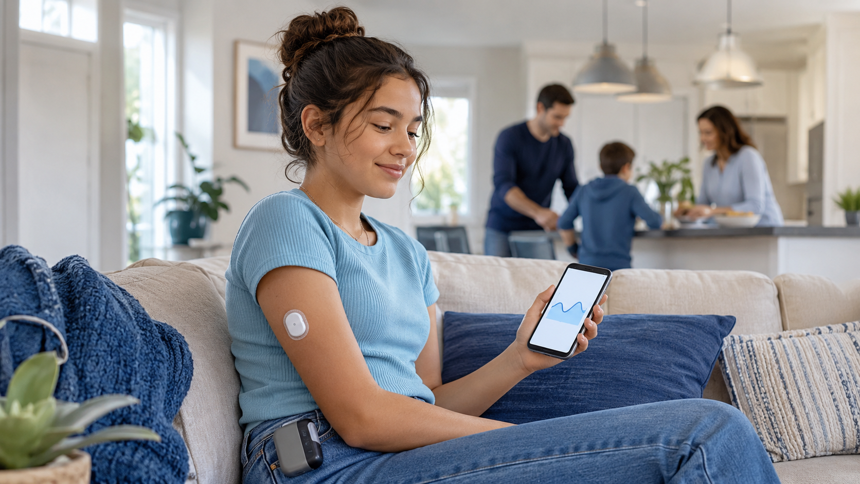 Adolescente utilizando sensor de glicose e aplicativo de acompanhamento