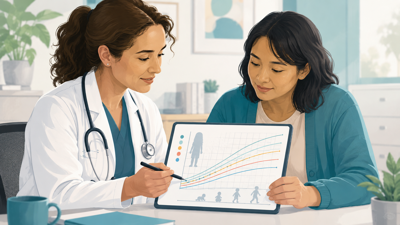 Ilustração de médico e familiar analisando uma curva de crescimento