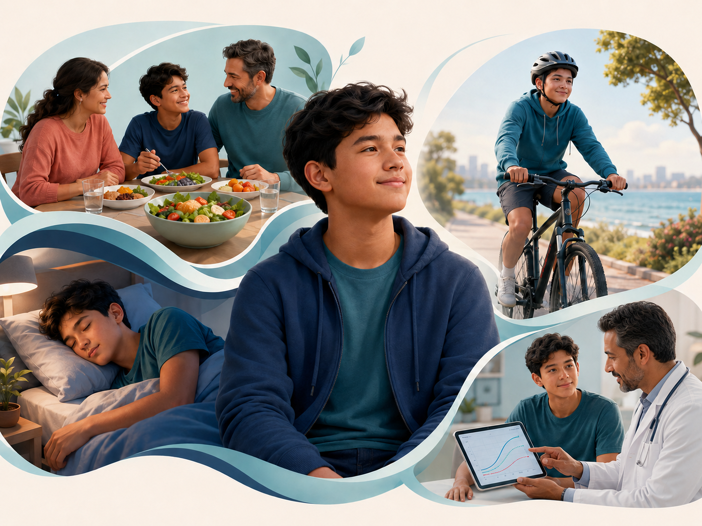 Ilustração de adolescente com apoio da família, alimentação variada, sono, atividade física e acompanhamento médico