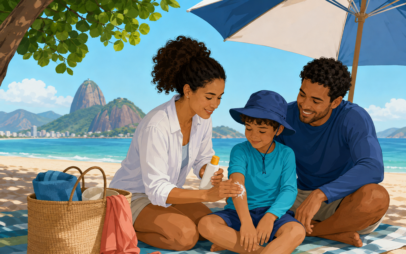 Família adotando medidas de proteção solar