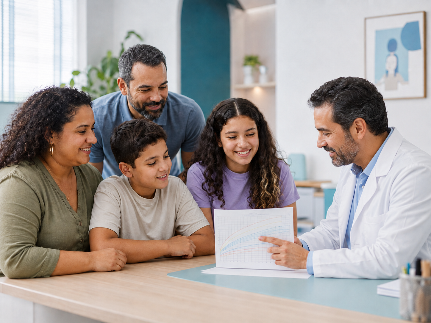 Família participando de uma consulta e analisando a curva de crescimento de duas crianças