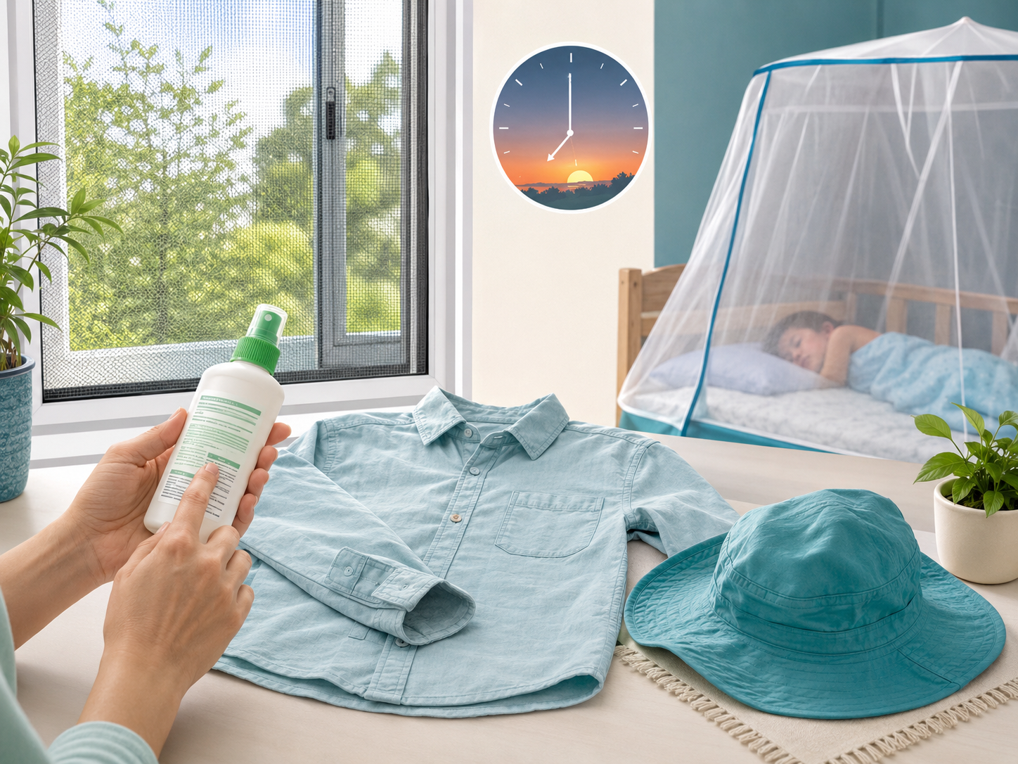 Repelente sem marca, roupa leve de manga longa, tela e mosquiteiro como formas combinadas de proteção