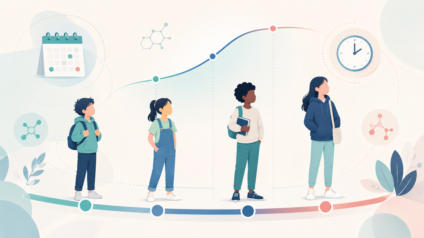 Ilustração de uma linha do tempo do crescimento e do desenvolvimento na infância e adolescência